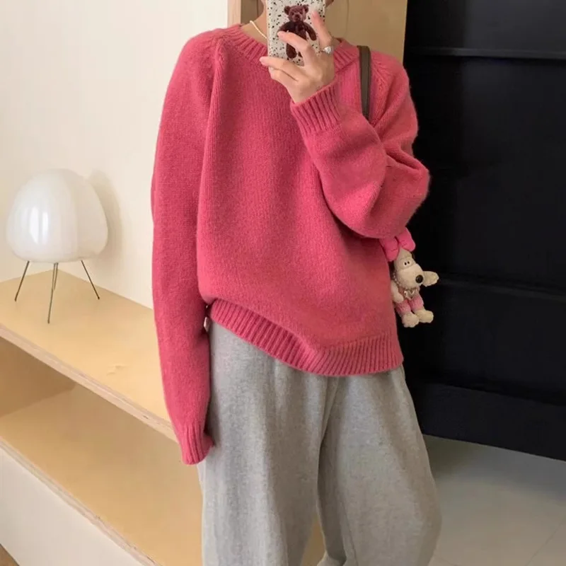 2025 Otoño e Invierno moda nueva mujer elegante tejido suelto cuello redondo grueso Sudadera con capucha cálido suéter de manga larga de Cachemira