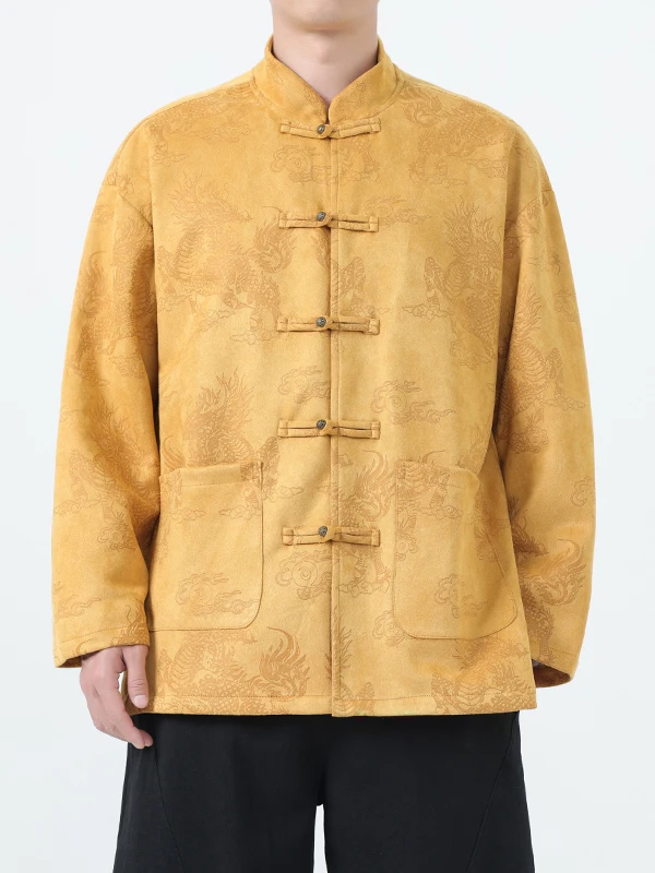 

Retro Ethnic Sle Men's Jaet Autumn Winter Suede Floral Embroidery Large Size Copper Button Zhongan Coat Casual Outerwear