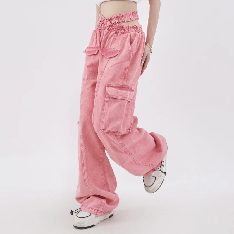 Fashion Brand Women Pink Cargo Pants Casual Straight Wide Leg Jeans Female Hiphop Trouser High Waist Vintage Cowboy Denim Pants