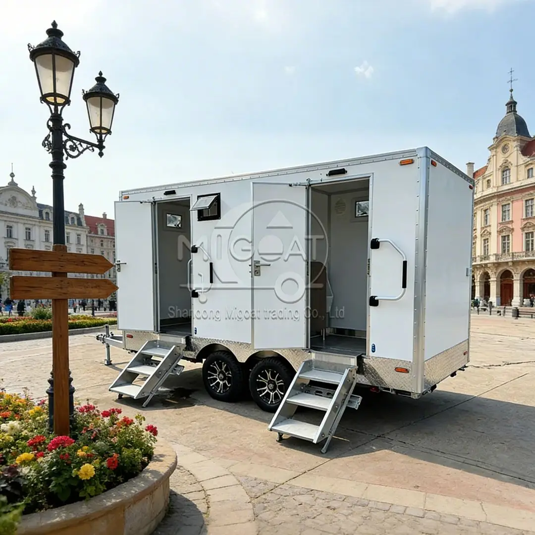 

Commercial Grade Mobile Restroom Trailer 2 Private Stalls Portable Bathroom for Wedding Park Business Rental