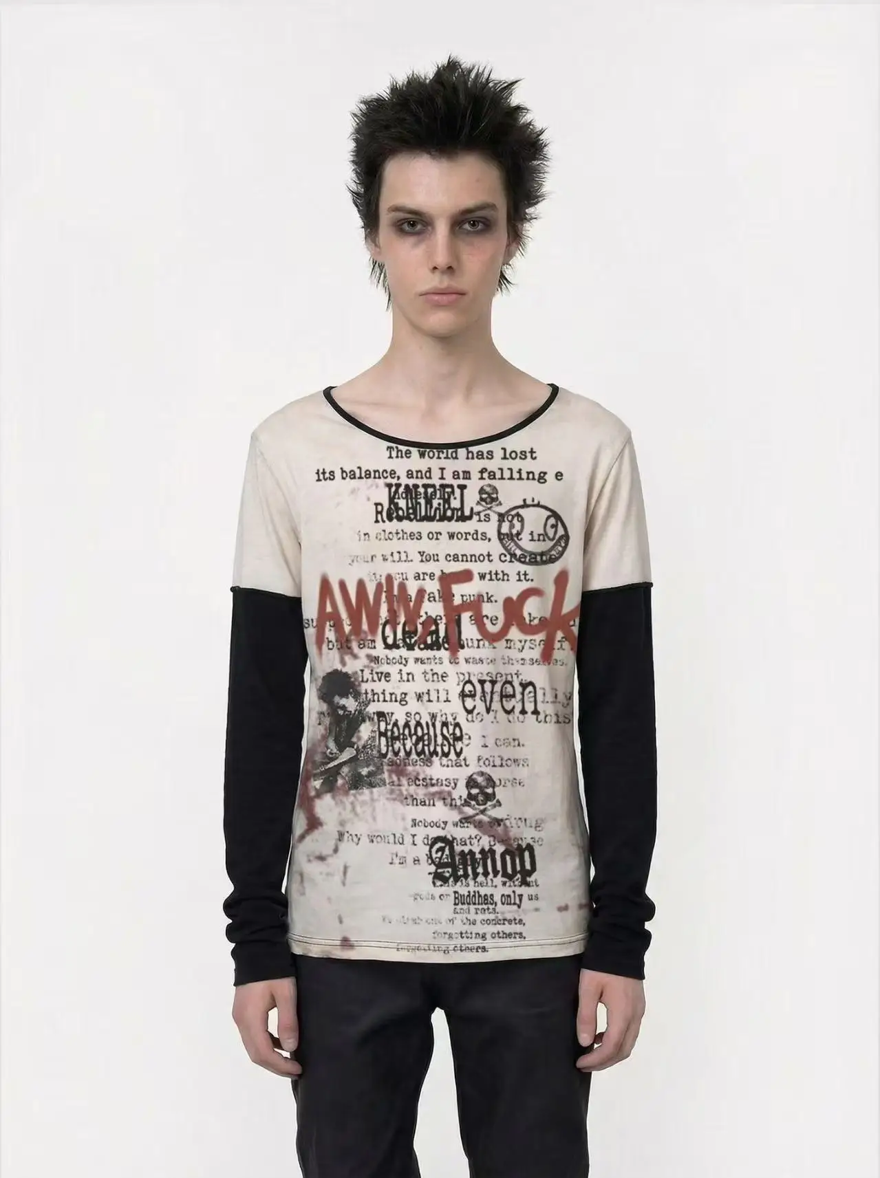 Vintage Newspaper Print Long Sleeve T Shirt formen Fake Two Piece Slim Fit Y2K Punk Dark Grunge Aesthetic Streetwear ual Tops