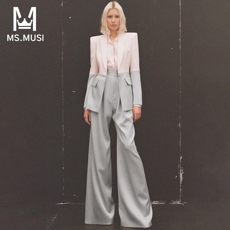 

MSMUSI 2023 New Fashion Women Sexy Office Pink Gray Color Block Two Piece Set Turn Down Collar Blazer Flare Long Pant Set Suit