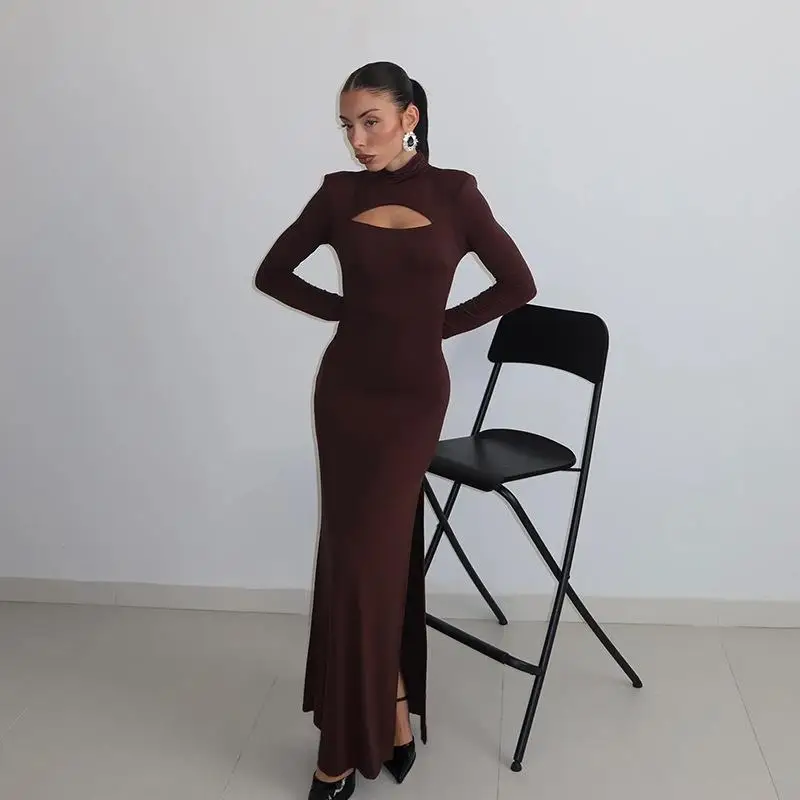 Ele High Collar Long Sve Hollow out Slit Dr Faionable Autumn Winter Women's Clothing Cross-Border High-End Lady S...