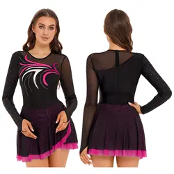 Womens Figure Ice Skating Dress Ballet Lyrical Dance Performance Costumes Long Sleeve Rhinestone Performance Gymnastics Leotard