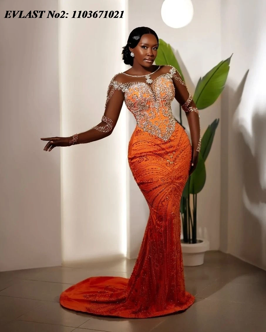EVLAST 맞춤형 2026 아소 에비 오렌지 인어 댄스 파티 드레스 아프리카 크리스탈 비즈 레이스 아플리케 이브닝 가운 로브 드 소와레 E2P95