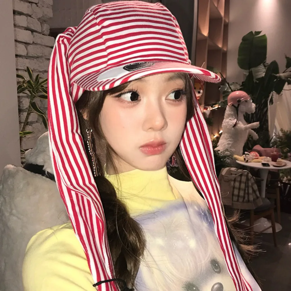 

Бейсбольная кепка с милыми кроличьими ушками, хлопковая кепка с ушками Y2K, хип-хоп, панк, шляпа в полоску в форме сердца для девочек