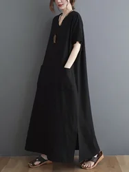 Summer Loose Cotton Linen Short Sleeve Dress Women's Large Size V-Neck A-Line Long Dress Slimming Effect Comfortable Gown
