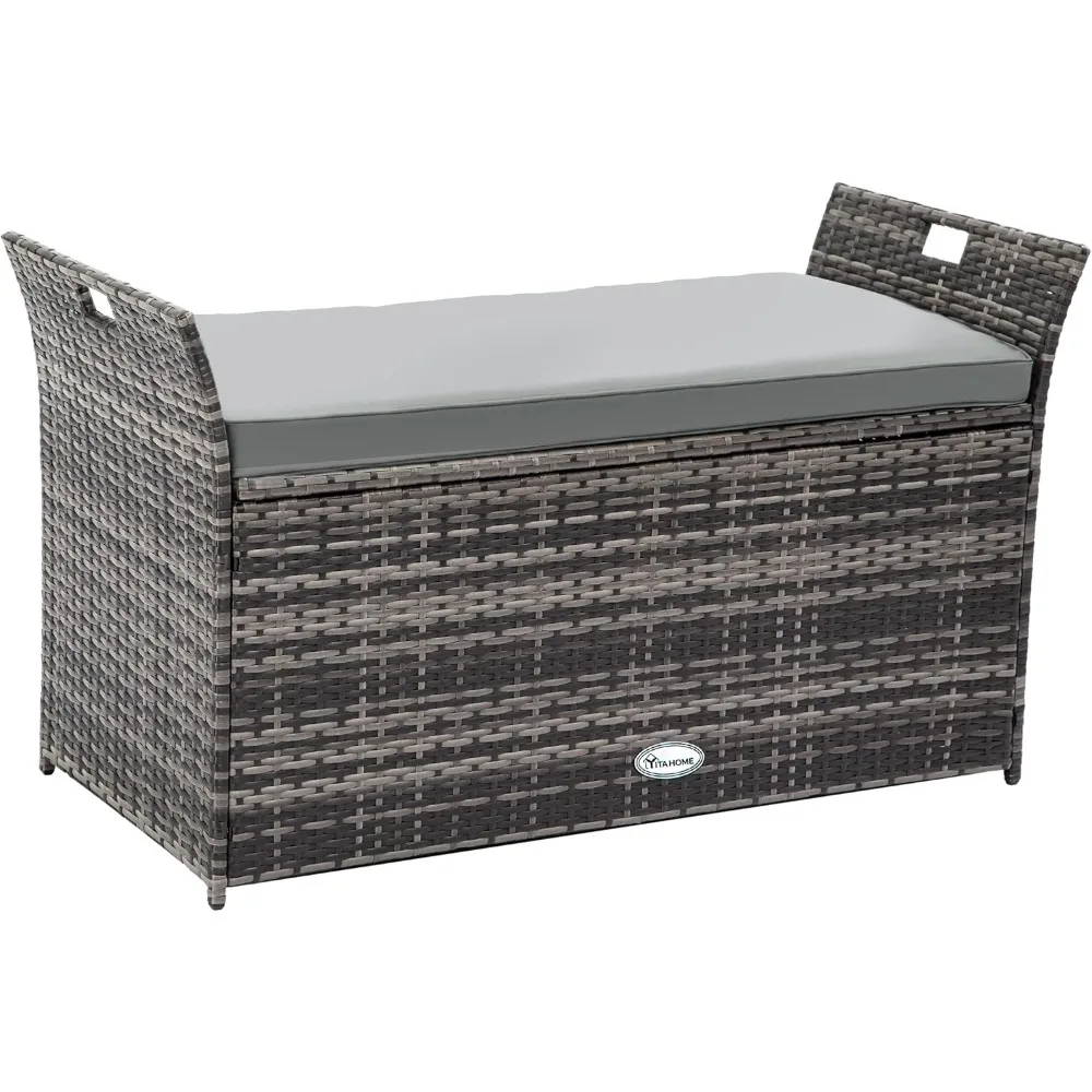 

90 Gallon Outdoor Wicker Storage Bench w/Cushion, Large PE Rattan Deck Storage Box w/Handles & Hydraulics for Patio Furniture