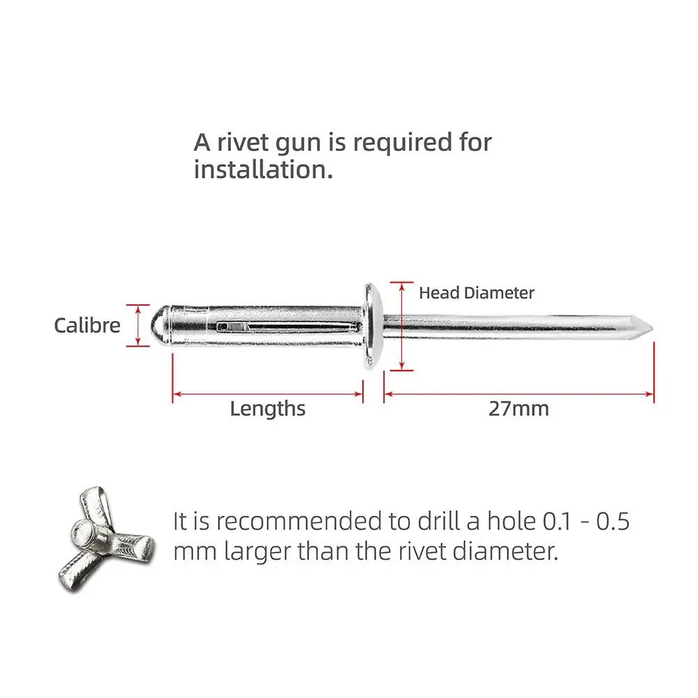 50 pz Durevole 3.2mm 4.0mm 4.8mm Rivetto Cieco Pieghevole Tri-fold Argento Tri Grip Rivetti Testa Rotonda Rivetto In Lega di Alluminio