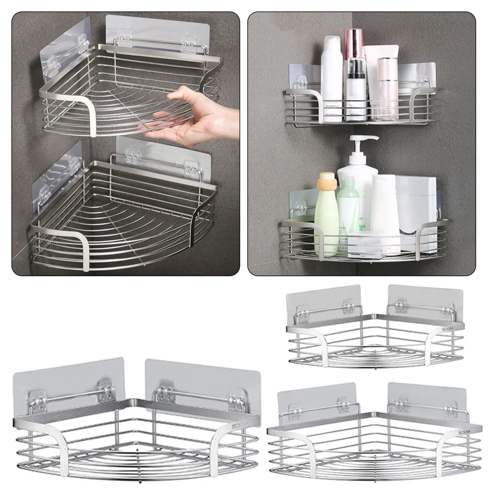Dreieckiges Regal aus Edelstahl, Aufbewahrungsregal für Küche und Badezimmer, platzsparende Shampoo-Seifen-Aufbewahrungsregale, Dusch-Organizer-Regal