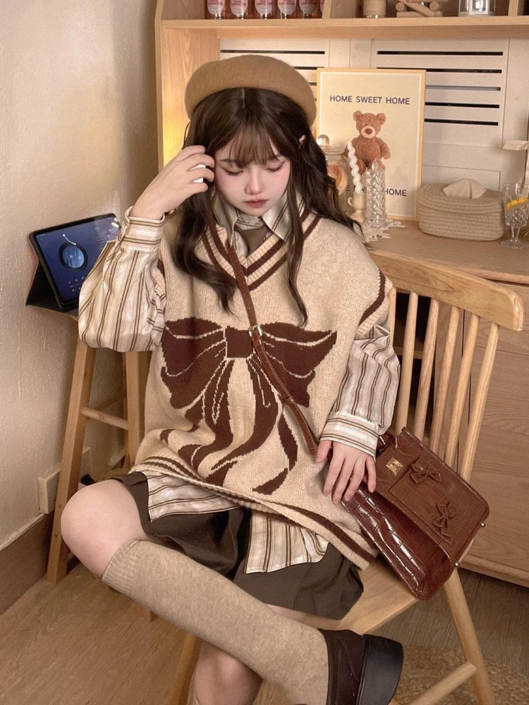 Autumn Korean Style 3 Piece Set Women Knitted Vest + Striped Blouse + Sweet Skirt Set France Vintage Party Mini Skirt Suit 2022