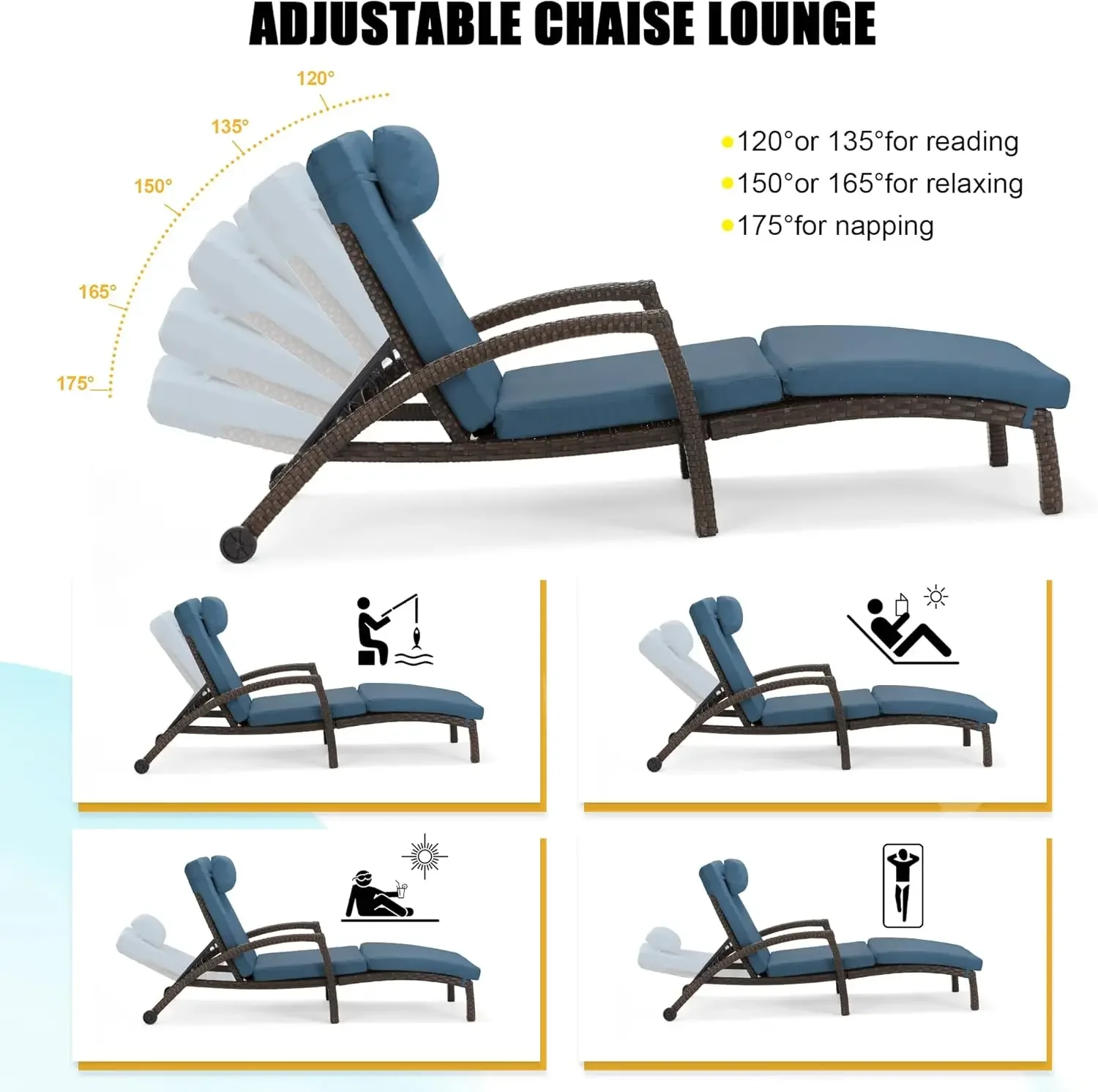 Juego de 4 sillas tipo chaise lounge de mimbre PE para patio con 5 posiciones ajustables, brazos y ruedas