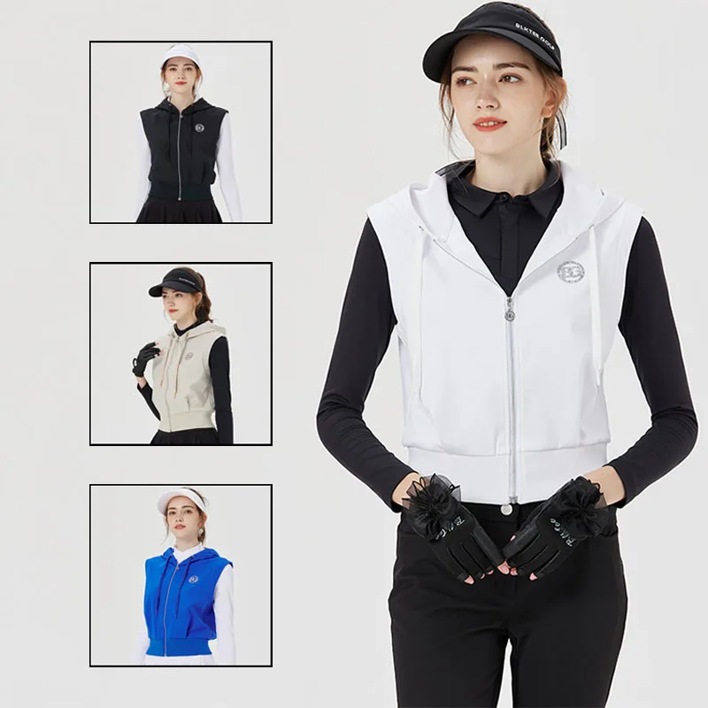 

Blktee Autumn Winter Ladies Drawstring Warm Golf Vest Women Sleeveless Short Golf Coat Outdoor Windproof Hooded Waistcoat