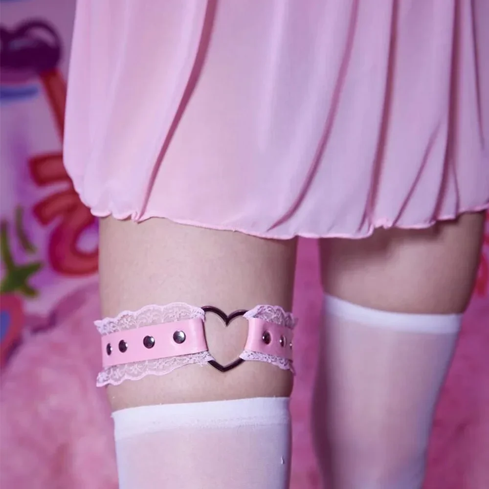 1 buah Kawaii dekorasi hati wanita sabuk Garter renda kontras dekorasi hati Anime Garter paha sabuk Garter gaya manis untuk wanita