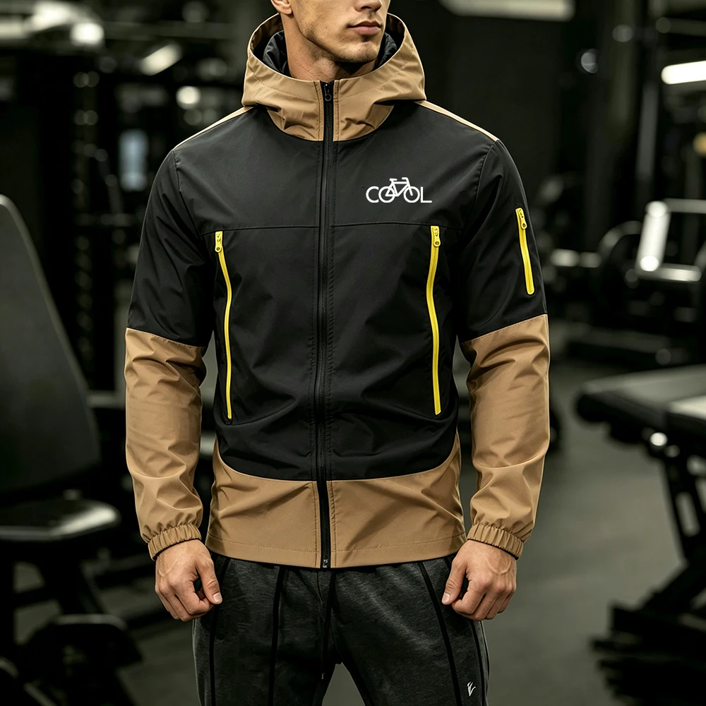 Men's Contrast Color Hooded Jacket Bicycle Letter Print Zipper Pocket Outdoor Running Cycling Casual Sports Splicing Outerwear