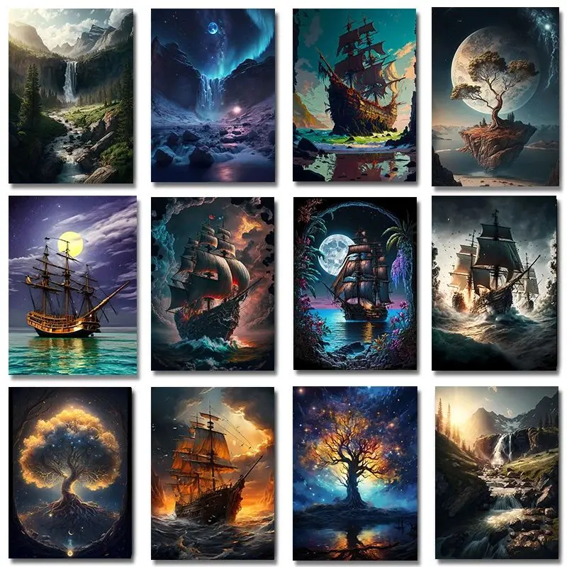 Fantasy Piratenschiff Poster Diamantmalerei Wasserfall im Wald Natur Lebensbaum Wandkunst Bild Wohnzimmer Heimdekoration