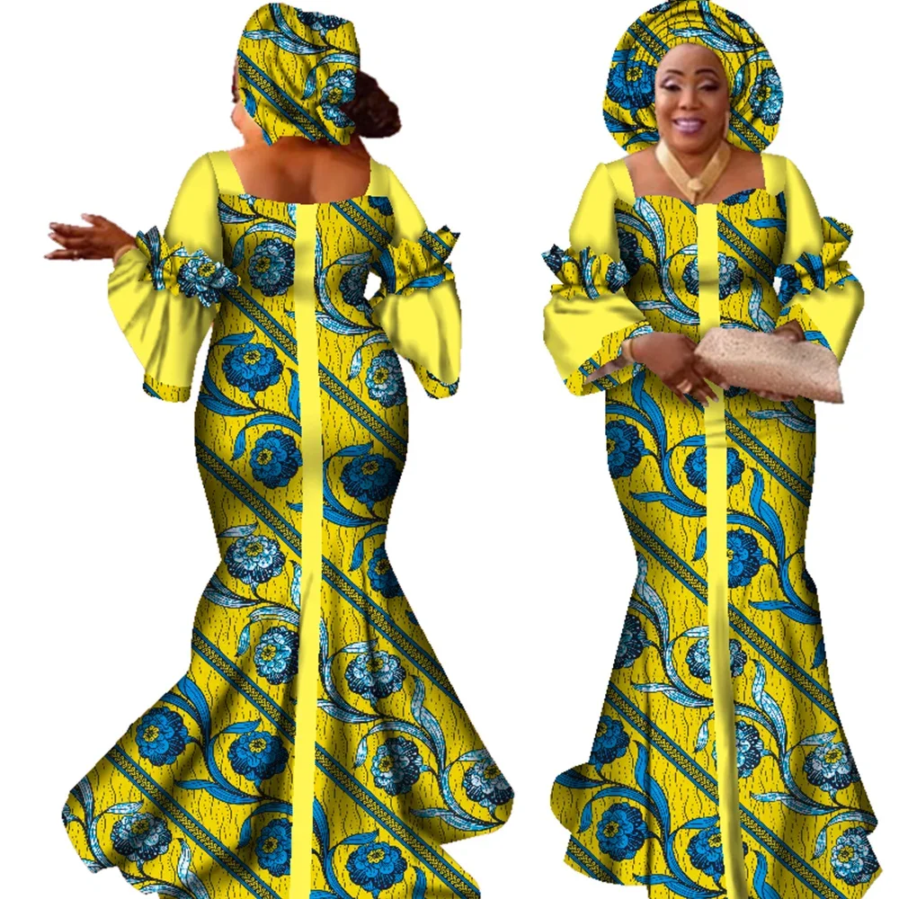 Vestidos africanos para mujer, diseño de moda, nuevo vestido africano Bazin de diseño de moda, vestido largo con bufanda, ropa africana WY2347