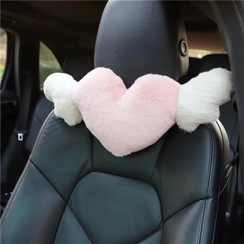 2 Pcs Heart-Shaped Car Headrest Plush Love Neck Pillow Seat Back Pillow Lumbar Support Cushion Universal Car Accessories