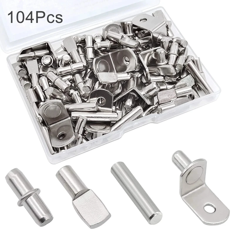 104Pcs Shelf Pins Kit 4 Styles Nickel Plated Shelf Support Pegs Bookshelf Pegs for Cabinet Bracket for Kitchen Furniture Closet