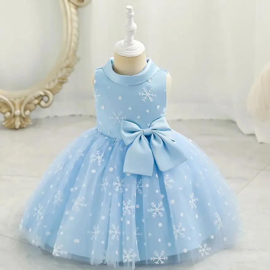 Summer Baby Girl Dress For Children Snow Embroidery Sleeveless Princess Dress Elegant Kids Party Baptism Wedding Formal Evening