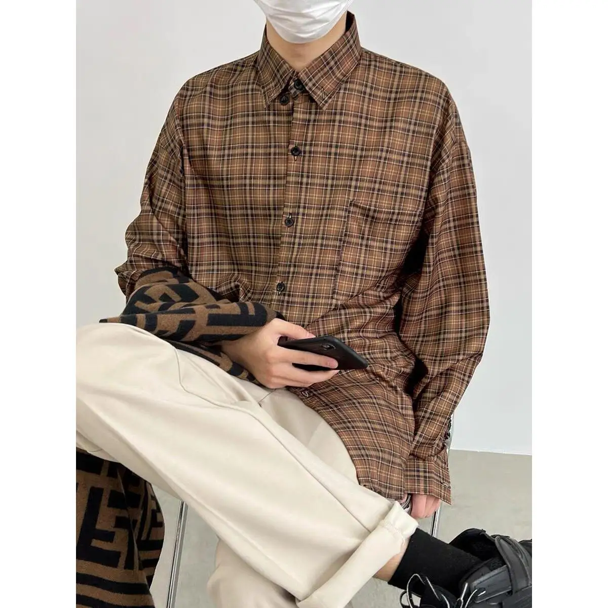 

Retro Japanese Sle Long Sve Plaid irt for Men Loose Fit Autumn Spring Casual Design High Quali Coffee Color irt