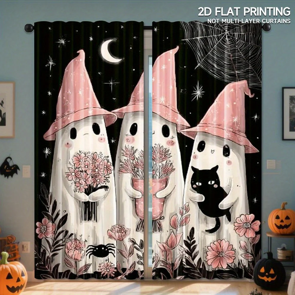2pcs Halloween Witch & Floral Art Curtains - Gothic Polyester Rod Pocket Design, Semi-Transparent, Machine Washable, Perfect for