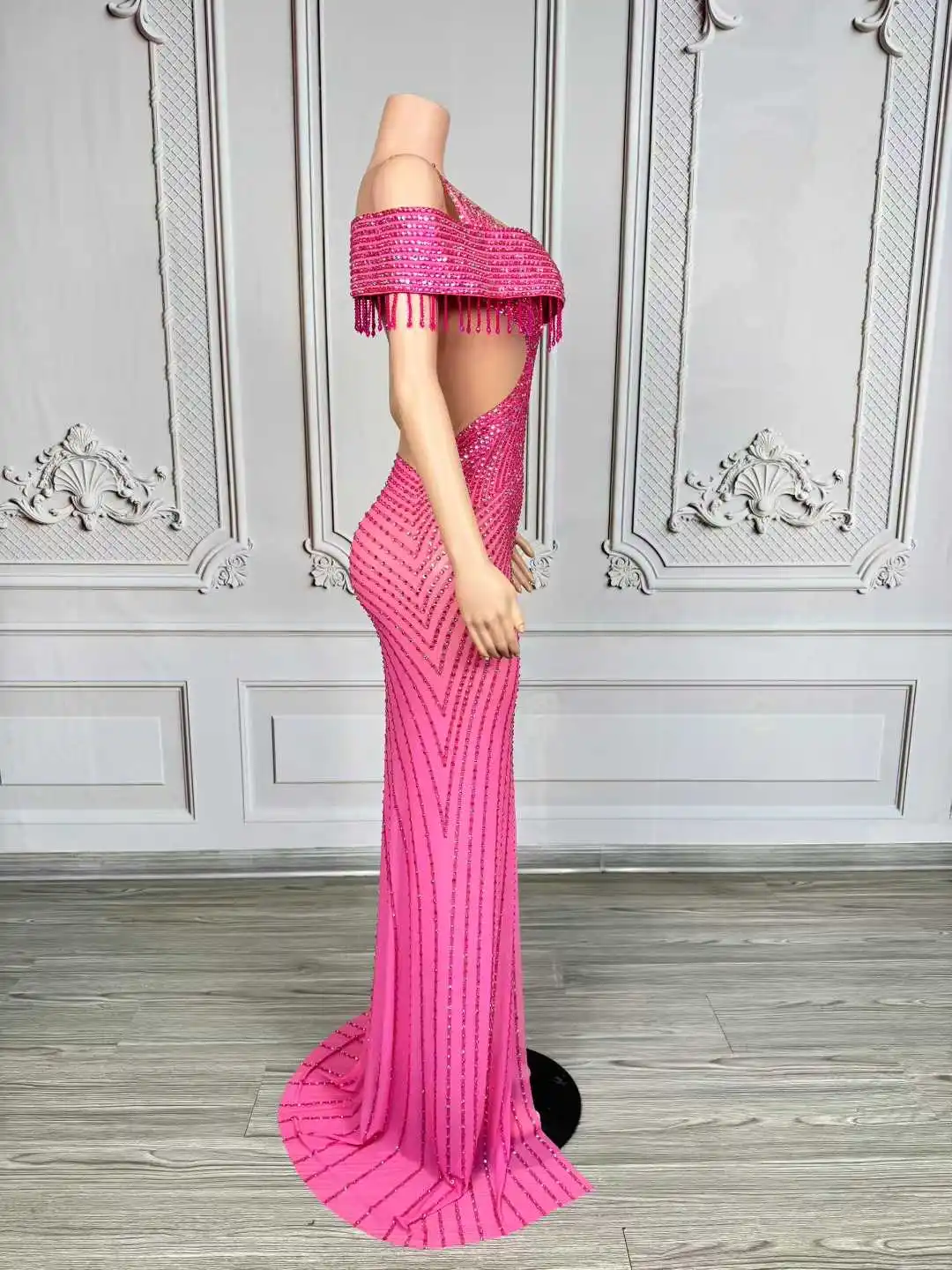 우아한 라인스톤 스플릿 롱 드레스 여성 섹시 메쉬 시스루 이브닝 파티 생일 드레스 촬영 무대 의상