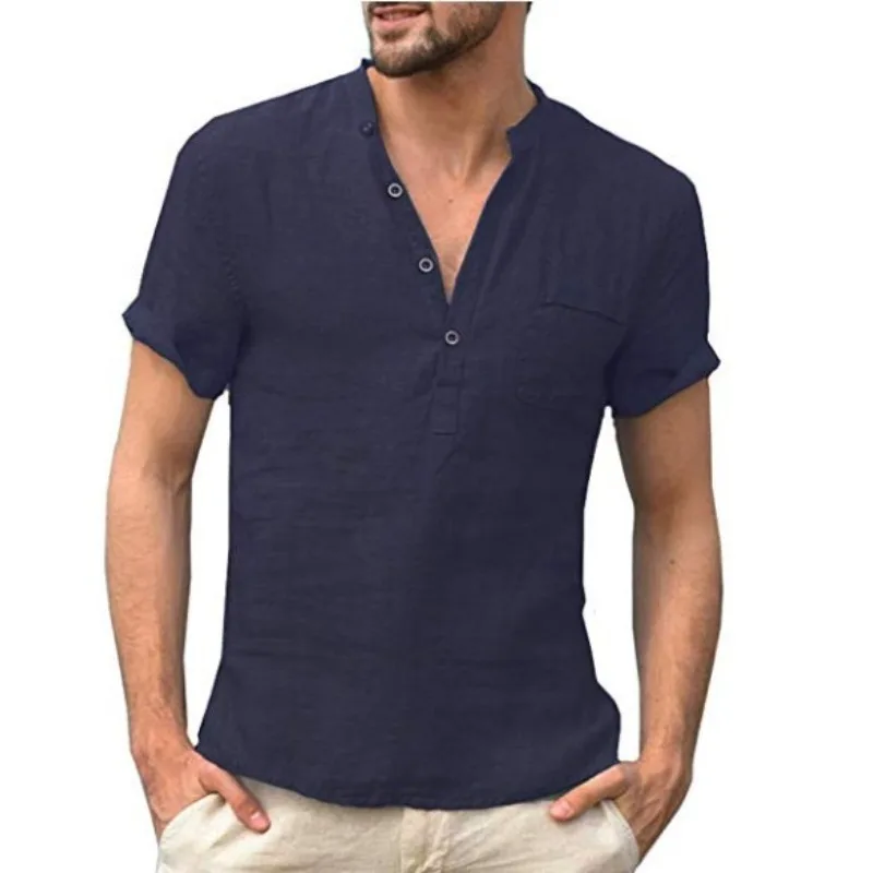 T-shirt à manches courtes en coton et chanvre pour homme, col montant, bouton, demi-ouvert devant, chemise simple, été, nouveau, 2024