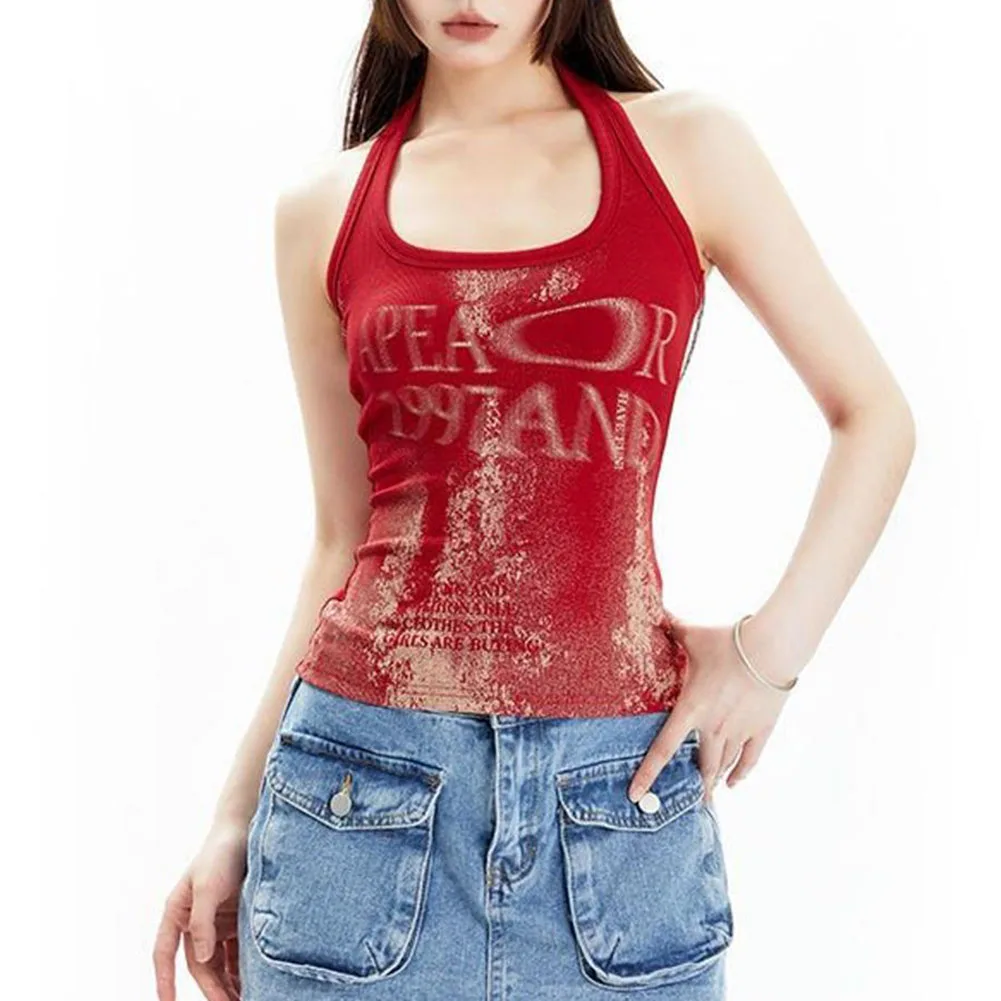 Women's Halter Vest with Distinctive Rendered Letter Print in Vintage Aesthetic Designed for Daily Vacation and Club Wear