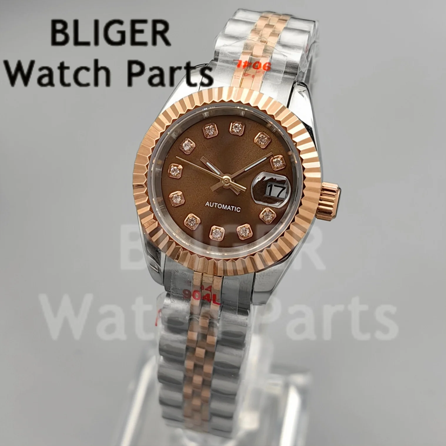 BLIGER 26mm 28mm Women's Mechanical Watch NH05 Movement Brown Diamond Dial Sapphire Glass Steel Bracelet Diving Watch For Ladies