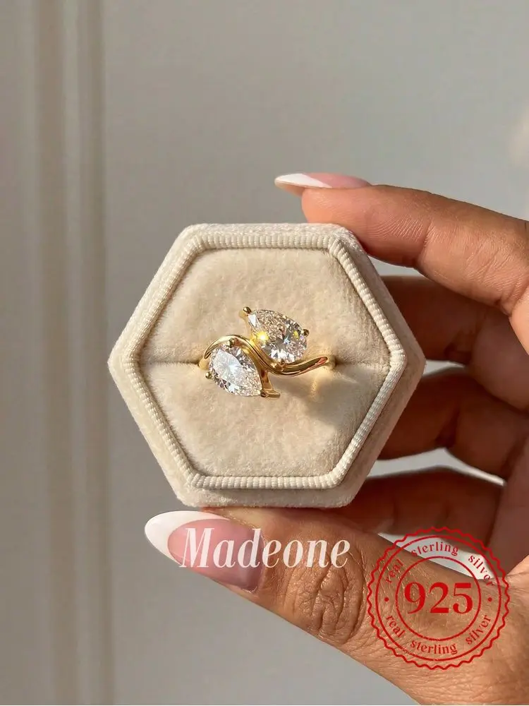 925 Sterling Silber Doppel-Wassertropfen-Ring mit funkelndem Zirkon für Frauen, Jahrestag, Hochzeit, luxuriöser, hochwertiger, edler Schmuck