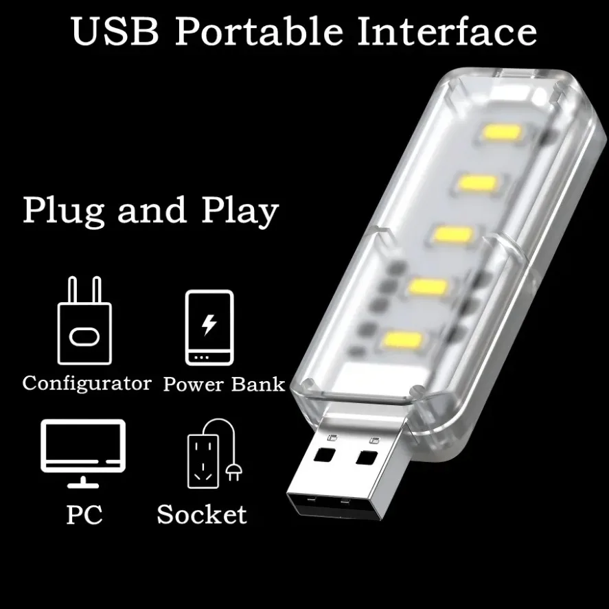 Mini Portable DC 5V USB Touch Switch Night Light 5 LED For Bedroom Study PC Laptop Mobile Power Bank Plug in Lighting 1/5/10PCS
