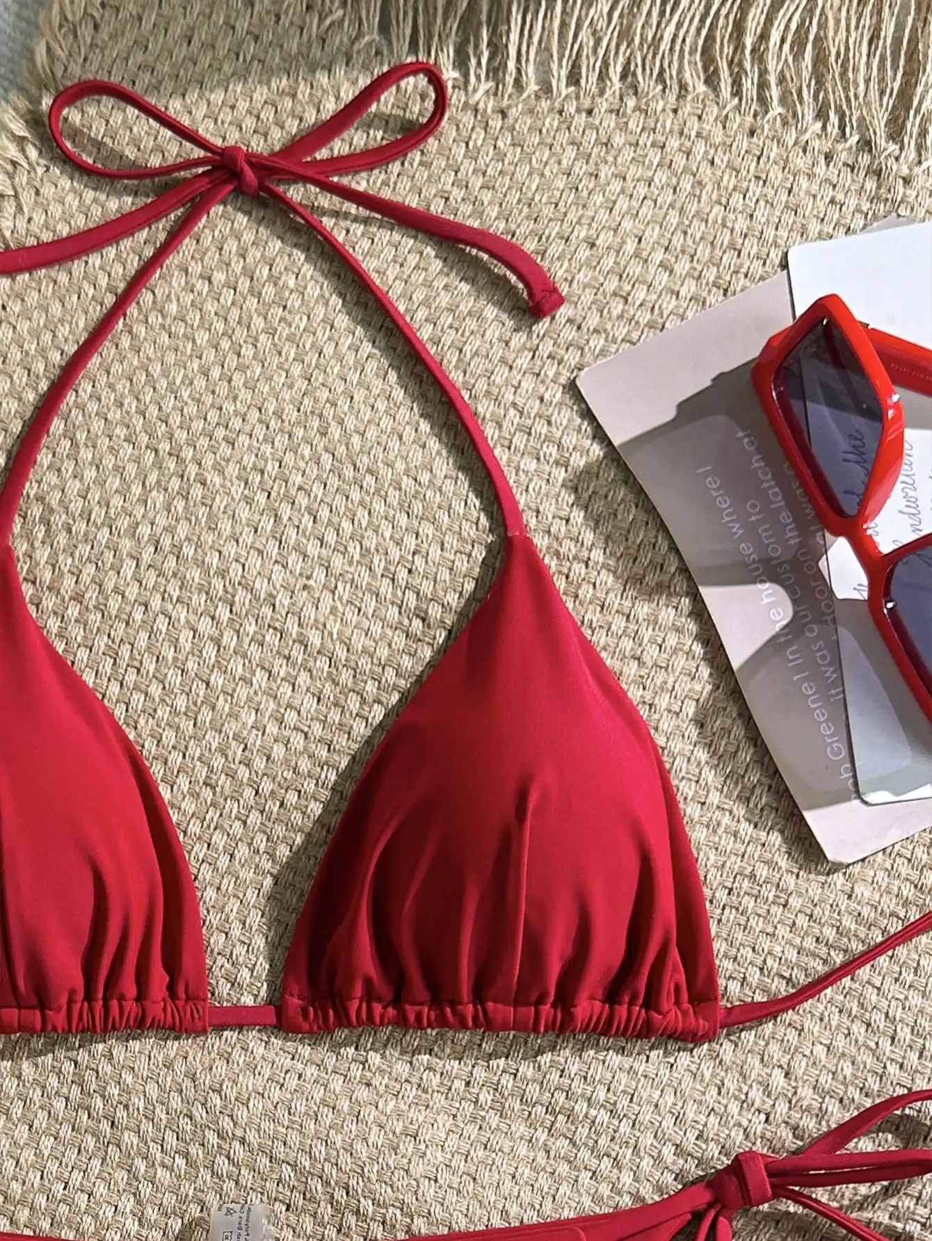 

Solid Color Halter Triangle Bikini Set With Side Tie For Women