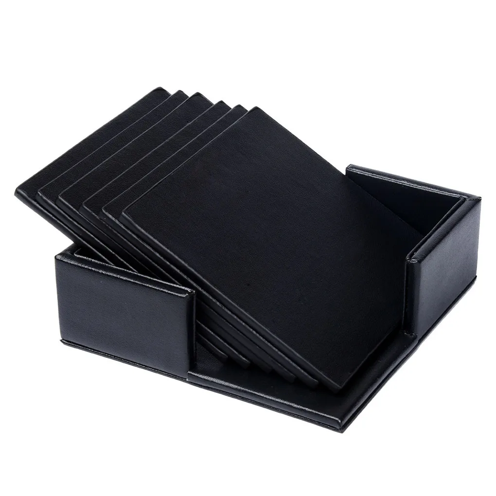 

PU Leather Square Coaster Drink Coffee Cup Mat Tea Mug Pad Dining Table Placemat with Storage Box,Stone Grain