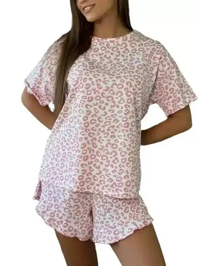 

New Women's Pajamas Print Leopard Short Sleeve Shorts Sets Elegant Casaul Pure Desire Style Round Neck Shorts Sets Charming IENA