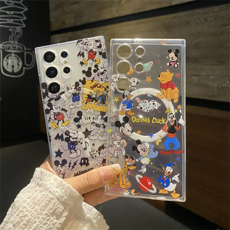 Cartone animato carino Topolino Pippo Paperino Magsafe Custodia per telefono con ricarica wireless per Samsung S22 S23 S24Ultra FE Nota 20 Supporto magnetico
