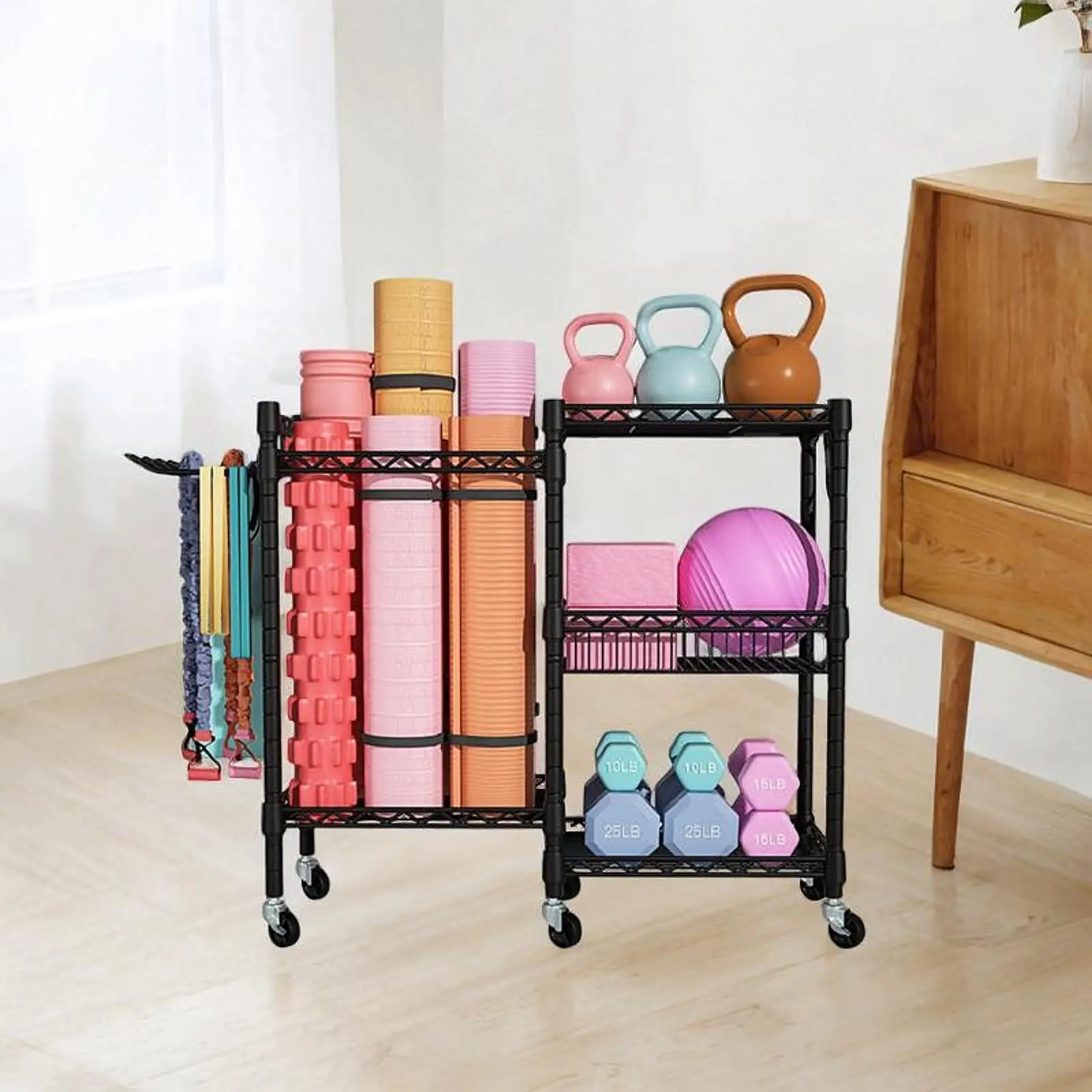 

Yoga Mat Storage Rack Cart Multifunction Dumbbells Fitness Corner Shelf Equipment with Caster Wheels Fitness Weight Rack