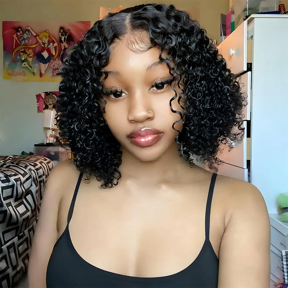 

10 12 inch Short Curly Deep Wave 13x4 Lace Front Wigs Human Hair 200% Density Wear and Go Glueless Bob Wig Human Hair for Women