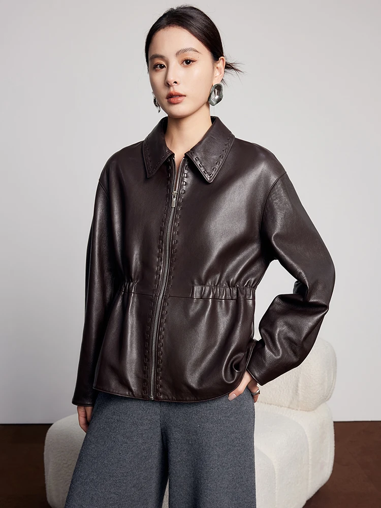 

Casual Genuine Leather Jacket Women High-end Simple Adjustable Waist Design Soft Oil Wax Real Sheepskin Coat veste cuir femme