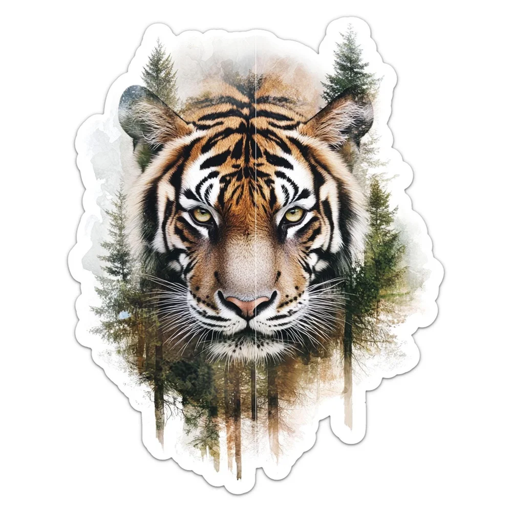 Double Exposure Tiger Wild Animal Vinyl Car Sticker Self Adhesive Decal for Rear Window and Laptop Car Accessories