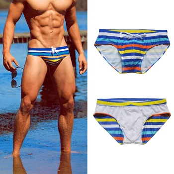 New Arrival Men Swimwear Sexy Striped Print Mens Swimming Shorts Triangle Tanga String Hot Porno Bikini Bath Trunk Board Shorts
