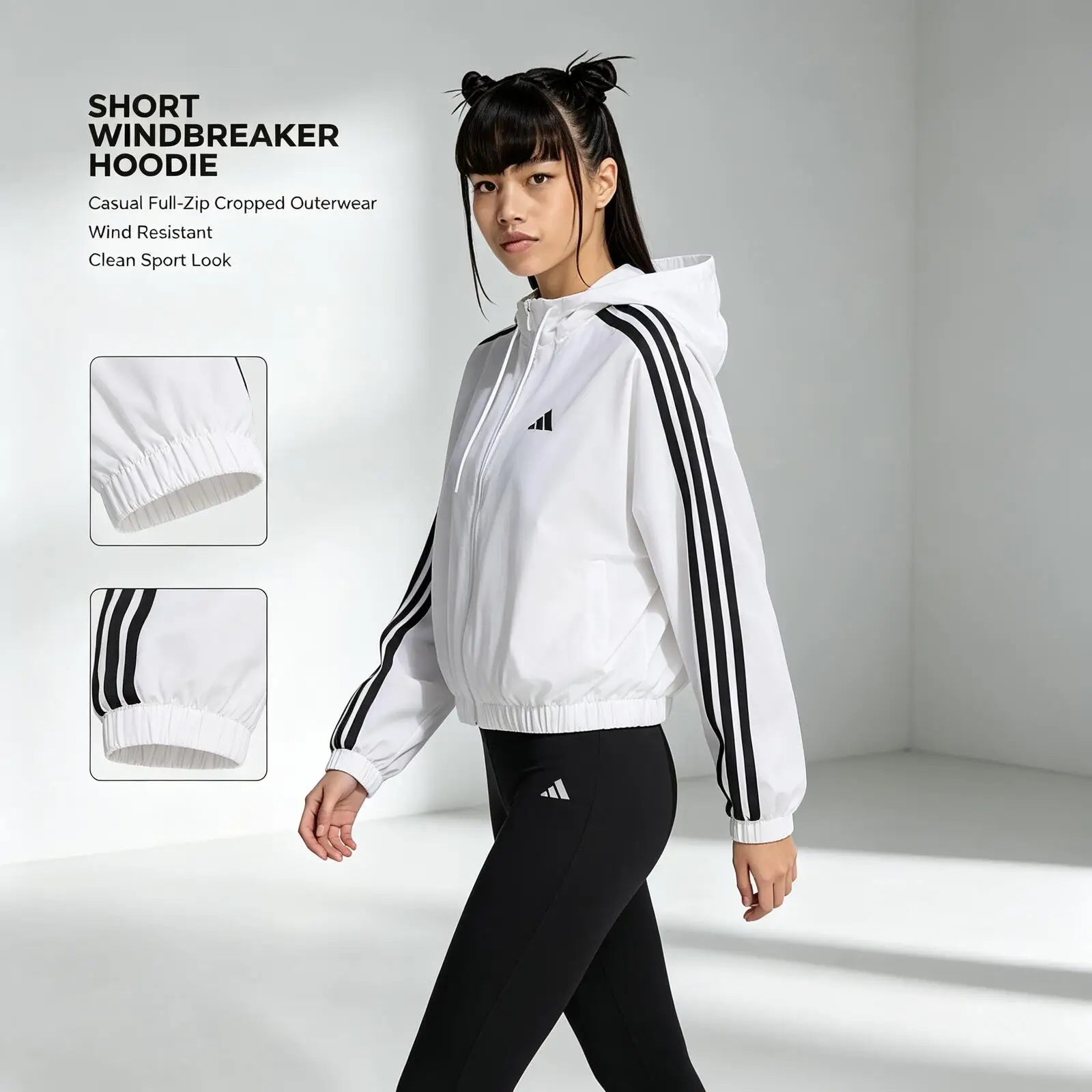 Adidas W 3S WV WB KX0783 Cropped Hooded Windbreaker Short Jacket with Black Striped Sleeves Casual Sporty Streetwear