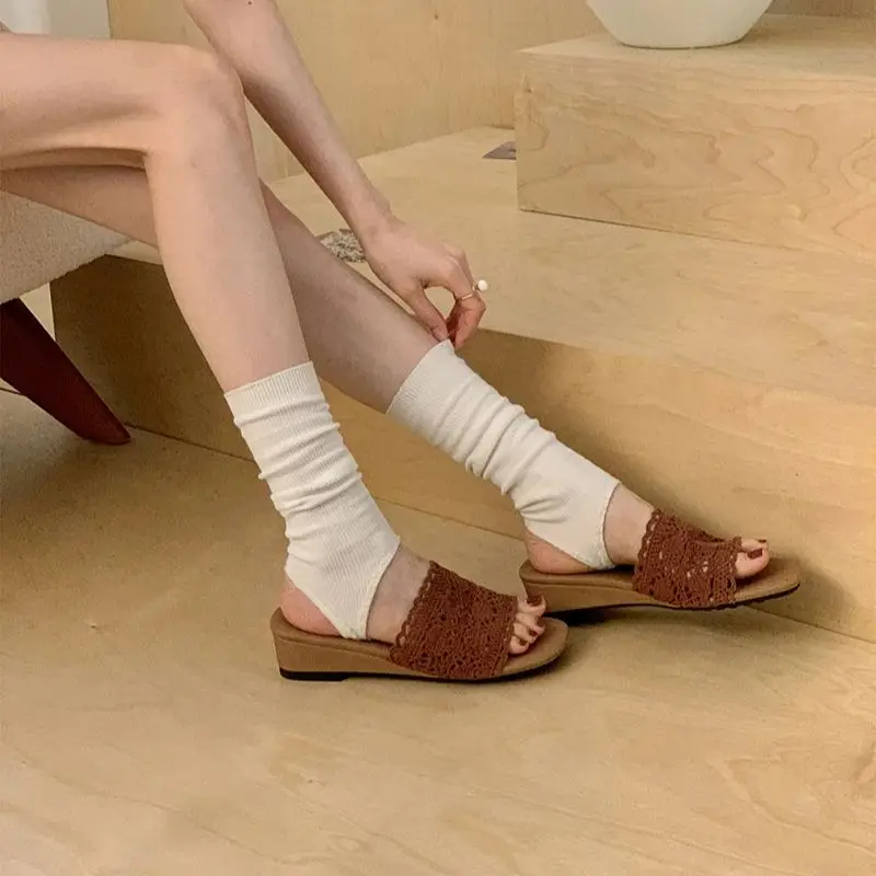 Ladies Slippers Crochet Wedge Sandals 5cm Low Heel Shoes For Woman Brown Heels Summer Beach Shoes Outdoor 2026 New Arrival