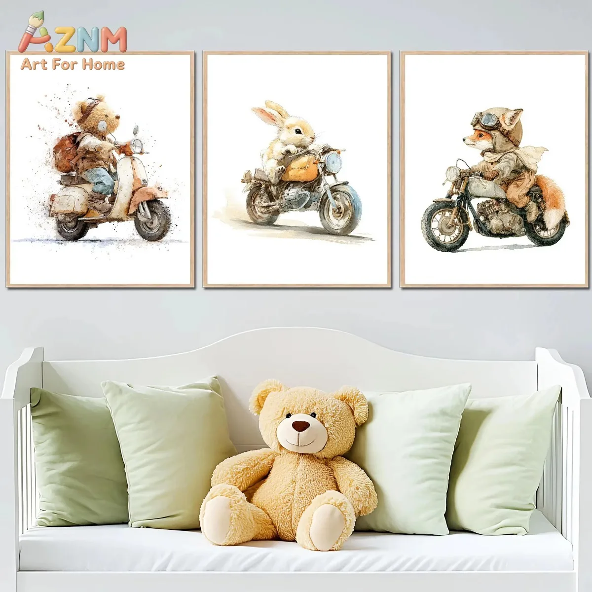 AZNM Modern Animal Motorcycle Poster Print Cartoon Rabbit Bear Fox Frameless Canvas Art Kids' Room Nursery Home Decor Gift