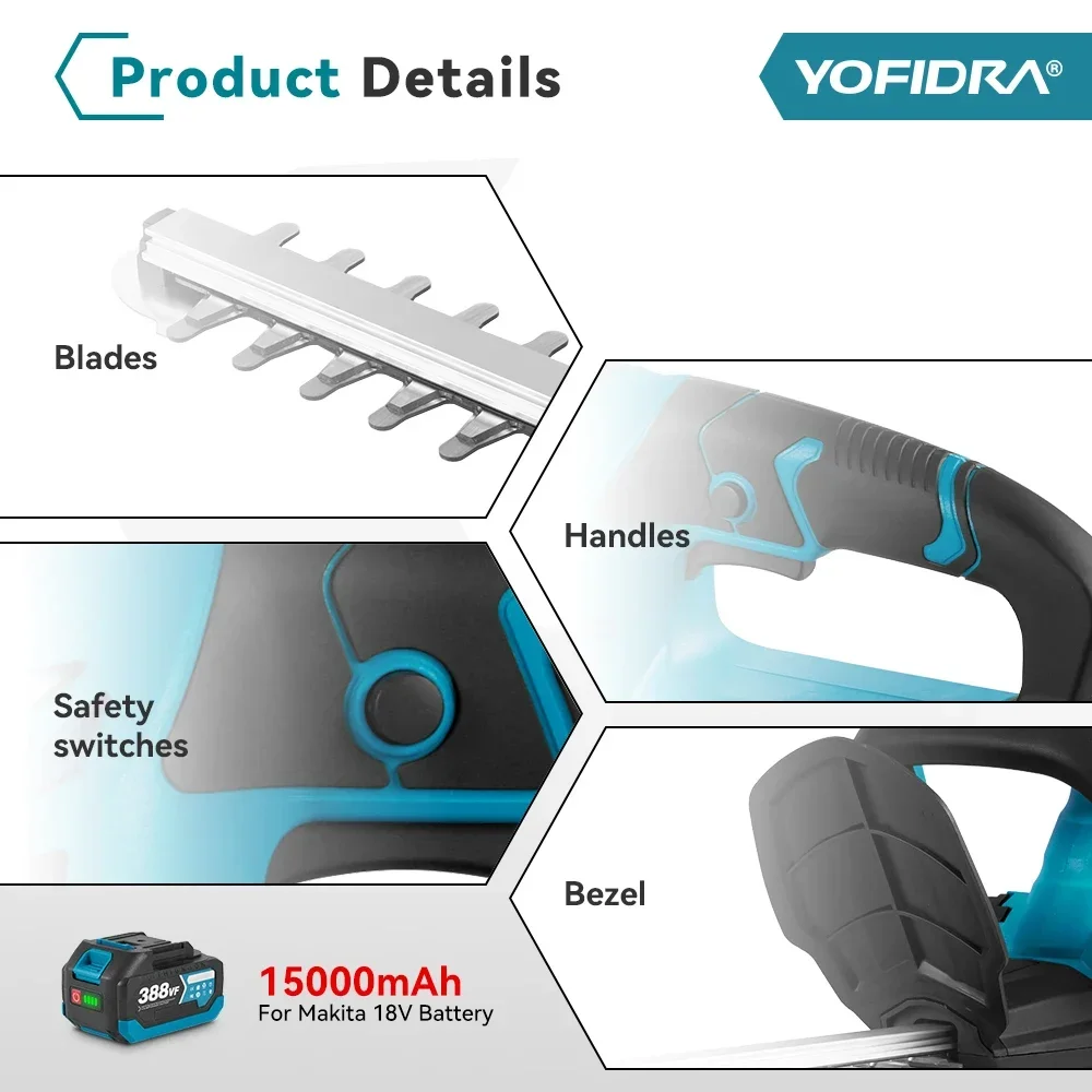 YOFIDRA 2000W Electric Hedge Trimmer Efficient Cordless Rechargeable Garden Shrub Pruning Power Tools For Makita 18V Battery