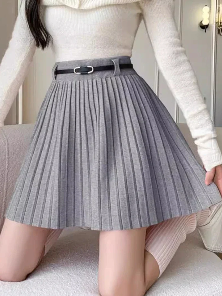 Ladies Casual Solid Color Elegant Knitted Mini Skirt Women Fall Winter Thick Warm A Line High Waist Belt Pleated Short Skirts