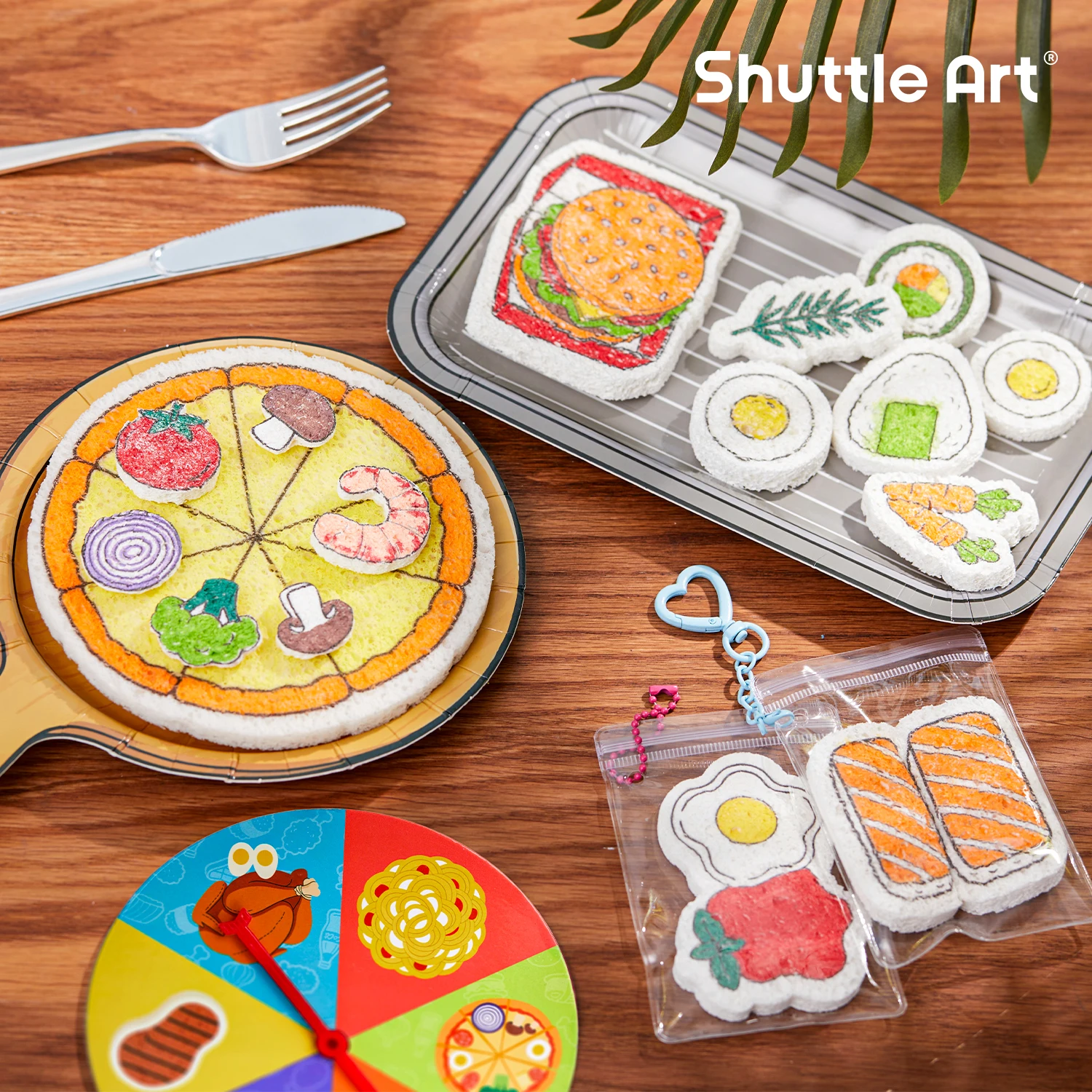 Shuttle Art 104 Pcs Magic Foam Texture Painting Kit Food Series	Including 34 Food Foam Pieces, Paper Plates, Forks & Knives, 12 Acrylic Paint Markers, Magical 3D Effect DIY Art Craft for Kids