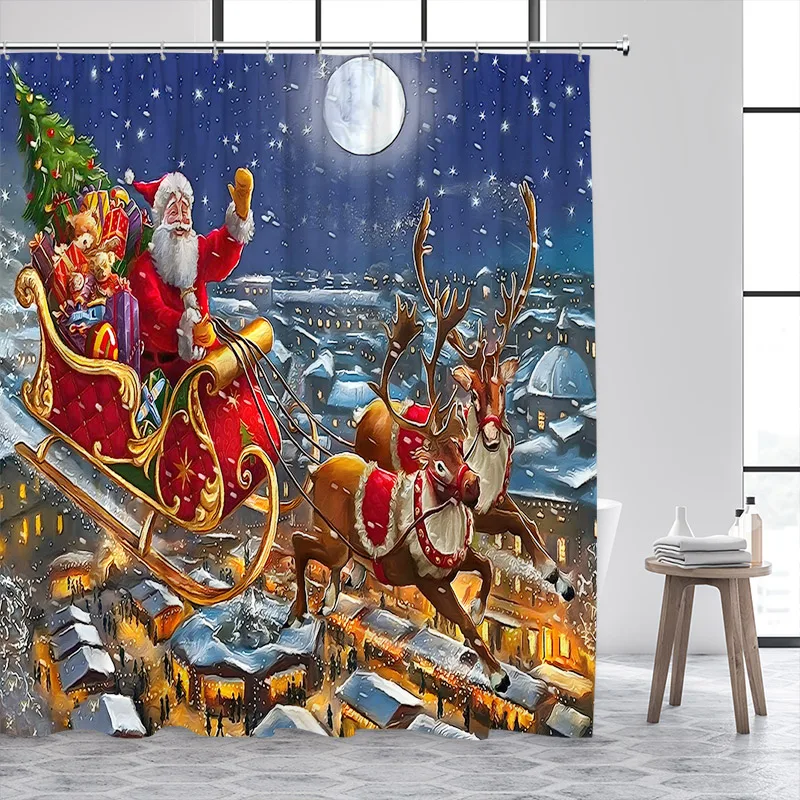 Christmas Shower Curtain Winter Town Santa Claus Reindeer Snowman Red Truck Xmas Tree New Year Home Bathroom Decor Bath Curtains