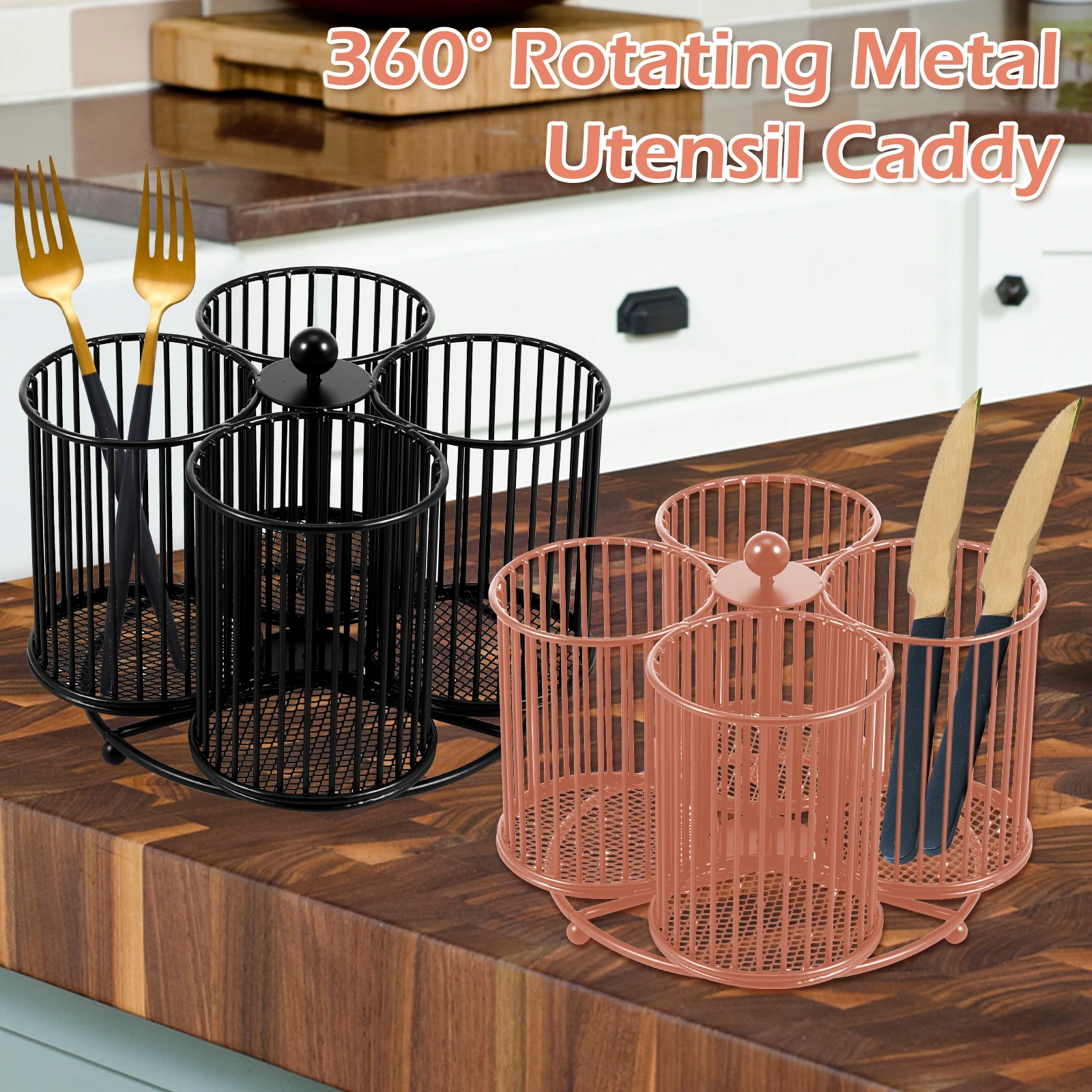 

Metal Utensil Caddy 360 Degree Rotating Cutlery Holder 4 Compartment Flatware Storage Basket Portable Multipurpose Countertop