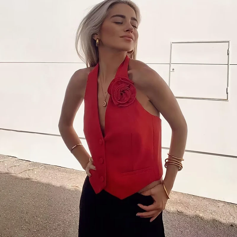 Tuularose Flower Decoration Vest Top For Women V Neck Halter Single Breasted Sleeveless Top Female Fashion Casual Slim Top Women
